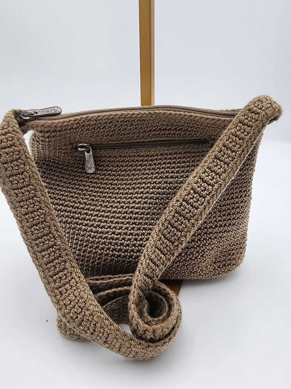 The Sak Crochet Shoulder Bag in Taupe Brown